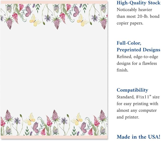 Current Singing Butterfly Floral Letter Paper - Spring Stationery Papers With Decorative Butterfly Border, Printable Holiday, Wedding & Bridal Shower, & Invitation Sheets, Set of 25, 8 1/2" x 11"