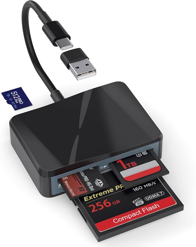 SD Card Reader, 4 in 1 USB C to SD/TF/CF/MS Card Reader with USB to USB C Adapter Memroy Card Reader for iPhone 17/16/15 Pro Max iPad Pro MacBook Pro/Air iMac M4/M3/M2 Android Phone/Tablet PC (Black)