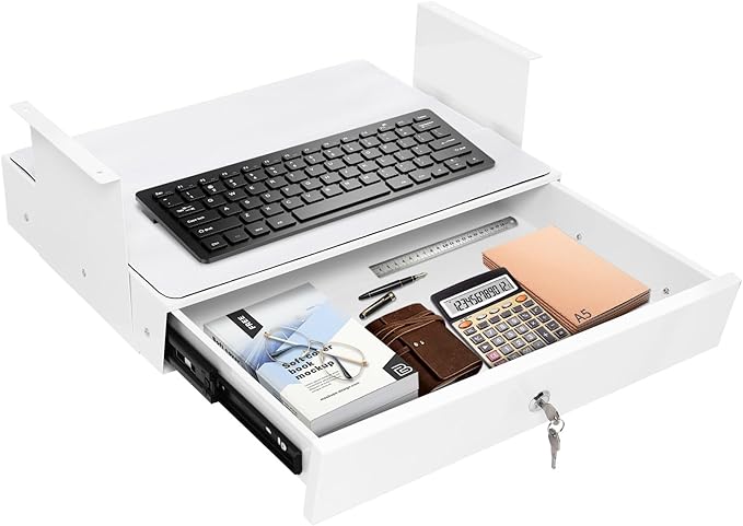 LEYSRIS 19.78" Under Desk Storage Drawer, Locking Design White Sliding Pull-Out Drawer for Sit Stand Workstation