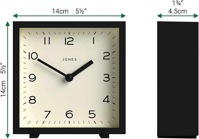 JONES CLOCKS® Disco Desk Clock | Sleek Square Design | Black | Stylish and Easy to Read for Shelf, Table, Mantel or Bedside