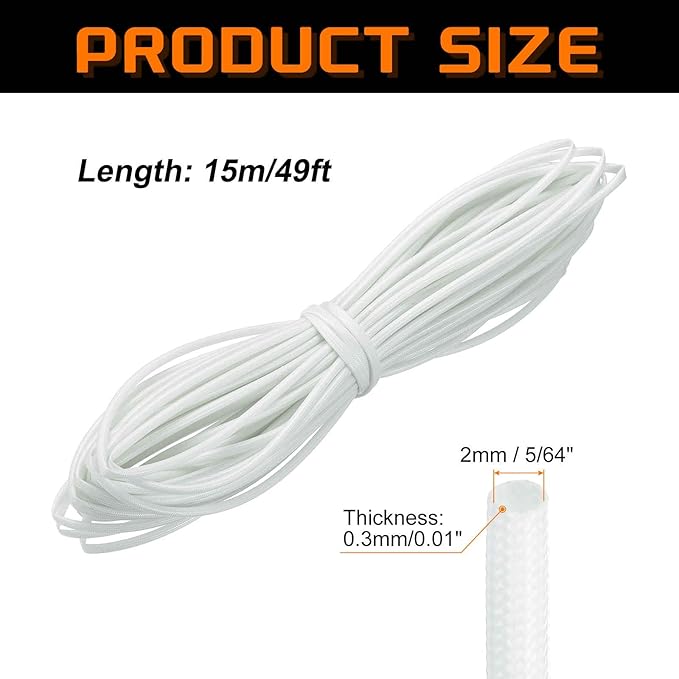 MECCANIXITY 49ft Braided Cable Sleeve, 5/64" ID 200C High Temperature 1500V Fiberglass Wire Insulation Cord Protector Organizer Wires Management for Motor Engine Fuel Line, White