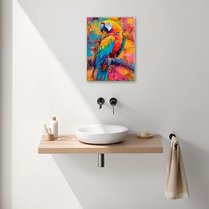 Parrot Wall Art, Graffiti Parrot Pictures Wall Decor, Colorful Birds Canvas Prints, Banksy Animal Painting, Framed Artwork for Bathroom Living Room Bedroom Office Dining Room 20"X16"