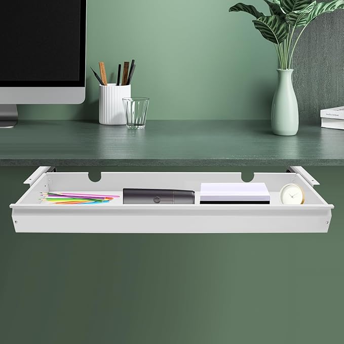 FFanhia 30 Inch Under Desk Mounted Sliding Pull-out Drawer Storage for Sit Stand Workstation Office(Applicable Table Thickness: 0.79in) White