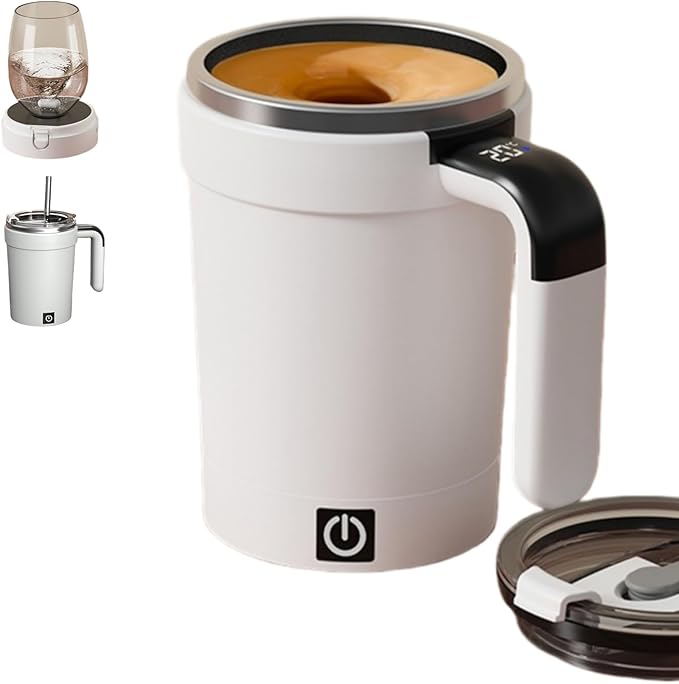Self Stirring Coffee Mug with Lid,304 Stainless Steel Self Stirring Cup,Rechargeable Coffee Mug with Temperature Display,Suitable for Home and Office (White)