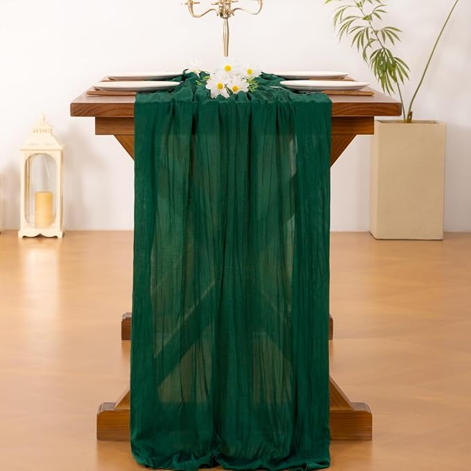 Socomi Emerald Green Cheesecloth Table Runner Fall Thanksgiving Boho Rustic Gauze 120 inch 10FT Cheese Cloth Runner for Wedding Party Baby Shower Birthday Home Decor Holiday Decorations