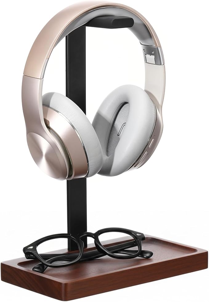 Fiwochic Walnut Wood Headset Holder, Desktop Headphone Stand, Universal Headphone Holder with Storage Base for Gaming, Music Headsets