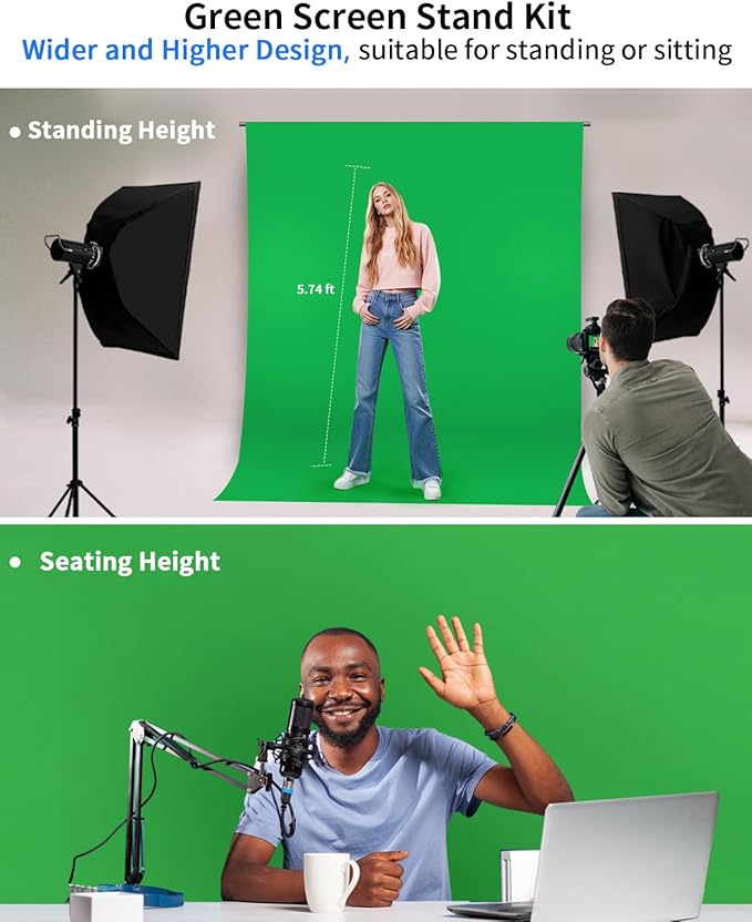 HEMMOTOP Green Screen Backdrop Kit, 8x6.8ft Wider Green Screen with Stand, Portable Chromakey Greenscreen Background with Stand, Spring Clamps, Carrying Case for Zoom, Streaming, Video