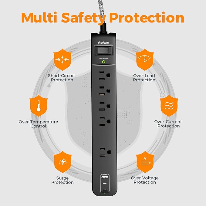 2 Pack Surge Protector Power Strip - USB C Power Strip, Flat Extension Cord with 5 Widely 3 USB (2 USB-C) Ports, Desktop Charging Station for Home Office College Dorm Room Essentials