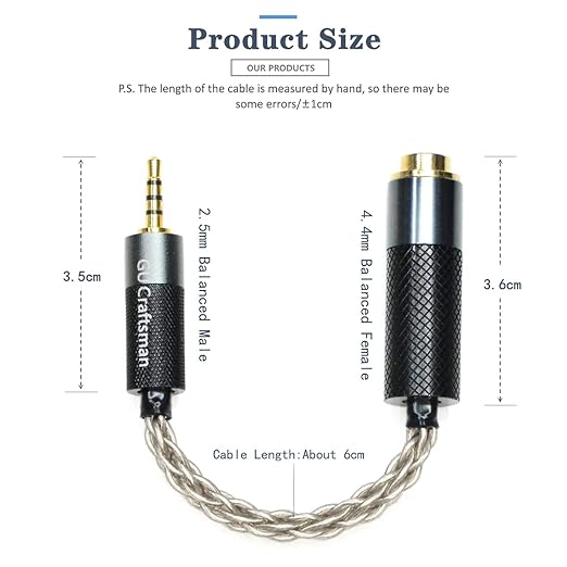 GUCraftsman 2.5mm Balanced Male to 4.4mm Balanced Female Portable Headphone Adapter Cable 6N Single Crystal Silver Headphone Jack Convert Cable for Audio Players with 2.5mm Balanced Ports