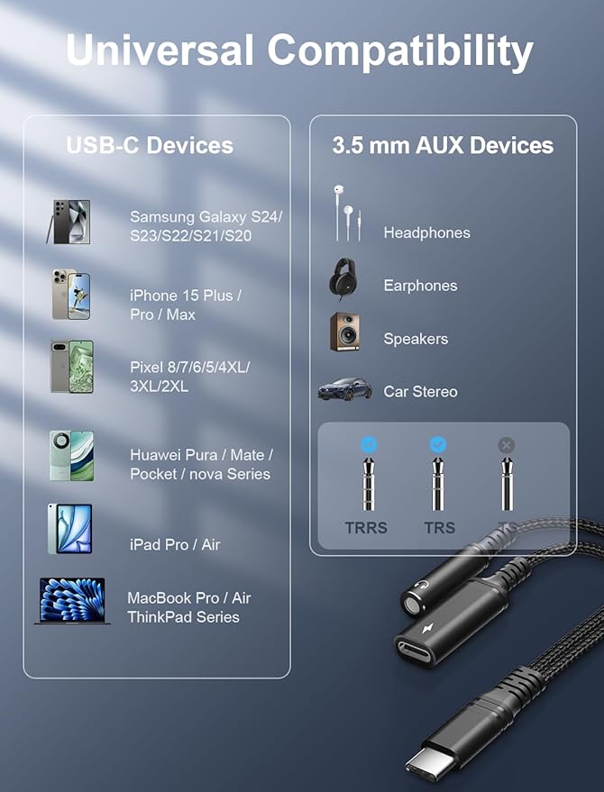 USB-C to 3.5mm Audio Headphone Adapter - 192kHz HiFi and 30W Charger 2-in-1 Compatible with Apple iPhone 17 16 15 Samsung Galaxy S25 S24 S23 S22 S21 S20 Plus Pro Max Ultra Pixel iPad