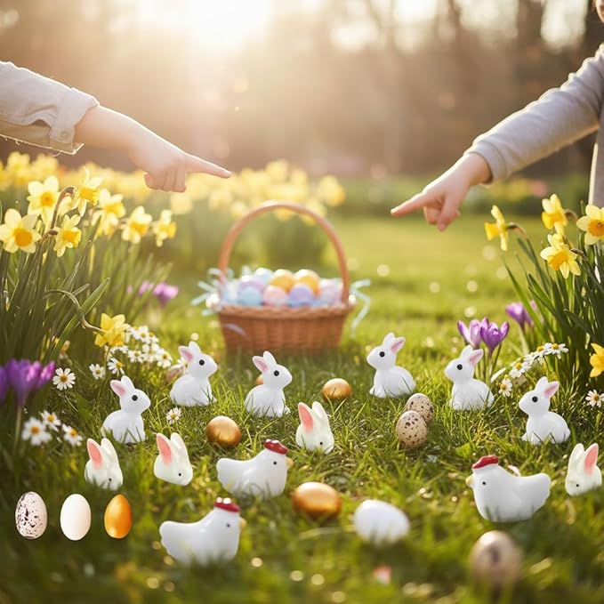 80Pcs Rabbits,Chickens and Eggs Miniature Figurines, Mini Resin Easter Bunny Rabbits Chickens and Easter Eggs for Garden Decor Miniature Ornaments for Dollhouse DIY Cake Home Decor
