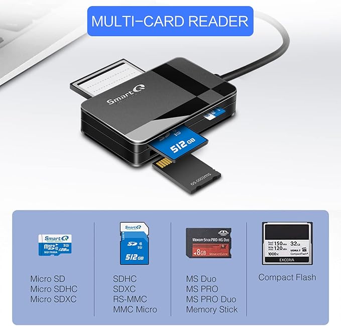 SmartQ C368 USB 3.0 Card Reader - Plug & Play, Compatible with Apple & Windows, Supports SD, Micro SD, MS, CF Cards