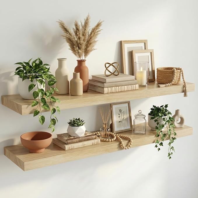 IAE Floating Wall Shelves 36 inch,Bathroom Shelf Wall Mounted,Invisible Shelves Floating Kitchen Shelving,Wooden wall Shelving with Brackets for Living Room wall Mounted,Easy Install,Set of 2,Natural