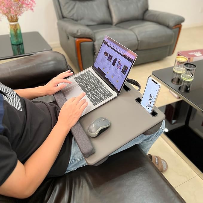 HLead Lap Desk Home Office Lap Desk Portable Laptop Desk for Left Right - Handers with Whole Mouse Pad Wrist Pad Dual Cushion Phone Tablet Slots Fits Up to 17 Inch Laptops