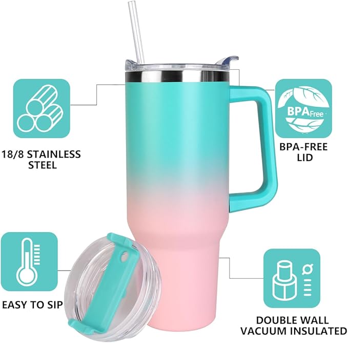 SYACOT 40 oz Tumbler with Handle and Straw Stainless Steel Insulated Tumbler Leak Proof Lid and Straw Lid Reusable Travel Mug Coffee Mug Cup Dishwasher Safe Keep Drinks Cold and Hot (Bubble Gum)