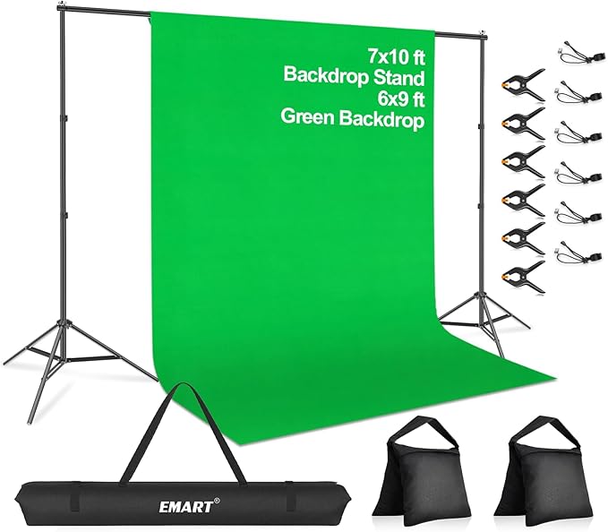 EMART 7 x 10ft Green Screen Backdrop Kit with Tripod Stand, Photography Background Support System with 6 x9ft 100% Cotton Muslin Chromakey Backdrop for Photo Studio, Video Shooting, Live Streaming