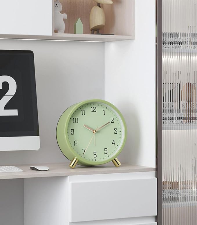 SHISEDECO Alarm Clock with Backlight, 4.5 inches Bedside Analog Non-Ticking Silent Small Deskclock with Arabic Numerals, Battery Operated Round Tableclock for Living Room, Bedroom (Green)