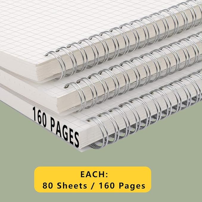 WRENBEN Graph Paper Spiral Notebook 8.5 x 11 Inches 240 Pages, A4 Grid Journal with 120gsm Thick Graphing Paper, Large Math Notebook 1/5 Inch Squares with Water-proof PVC Cover (3 Pack, A4)