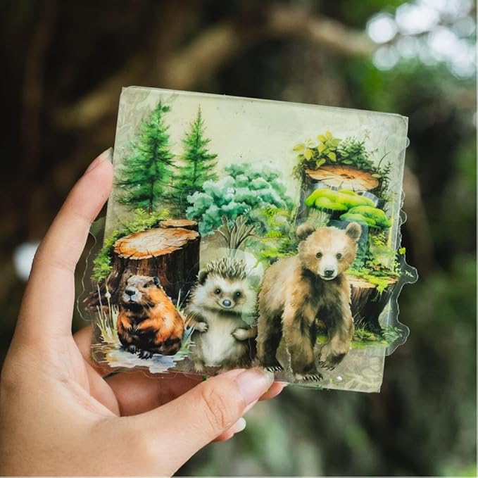 Dwpetzo 150Pcs PET Forest Landscape Stickers for Journaling and Scrapbooking, 6 Themes with Pine Trees Woodland Animals Wooden Stumps Moss Nature Scene Stickers for Junk Journal Supplies, Collage