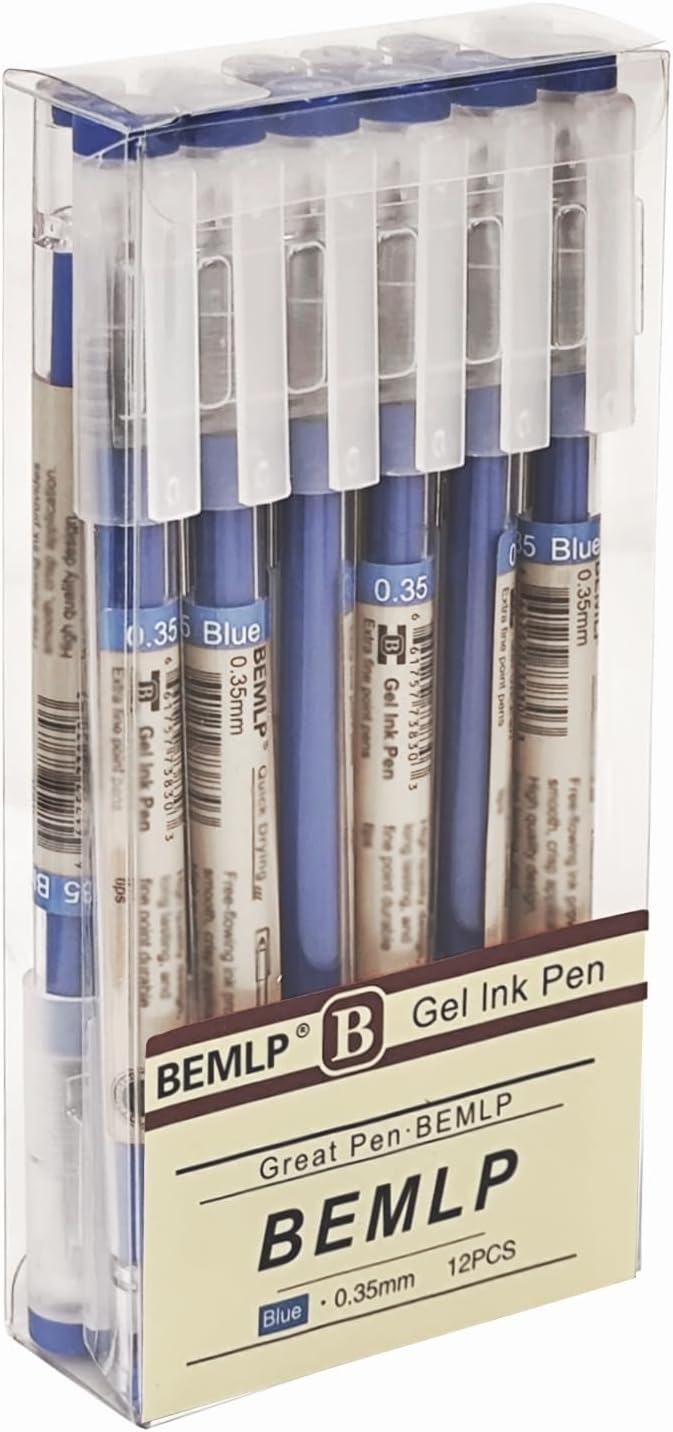 BEMLP Gel Ink Pen Extra fine point 0.35mm Blue Liquid Rollerball Pens Quick Drying Gel Pens School Office student Exam Writing Stationery Supply 12 Pcs/Set (Blue)