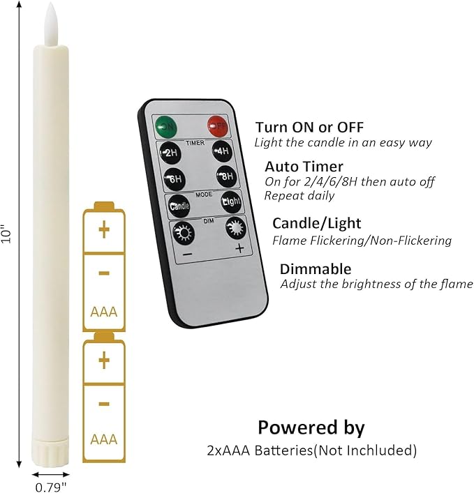 6PCS Flameless Taper Candles with 3D Flickering Flame Battery Operated Candles with 2 Remote with Button Cell Battery 10 Inch Ivory LED Candlesticks Window Candle for Christmas Home Decor