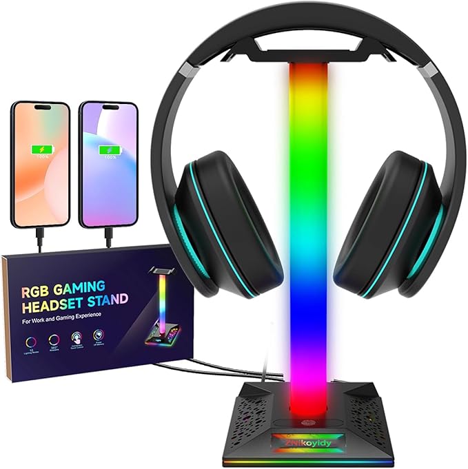 ZNikoyidy RGB Gaming Headset Stand Headphone Stand with 2 USB Ports 10 Color Mode, PC Gaming Desktop Earphone Accessories Gift for Boys Men Gamers