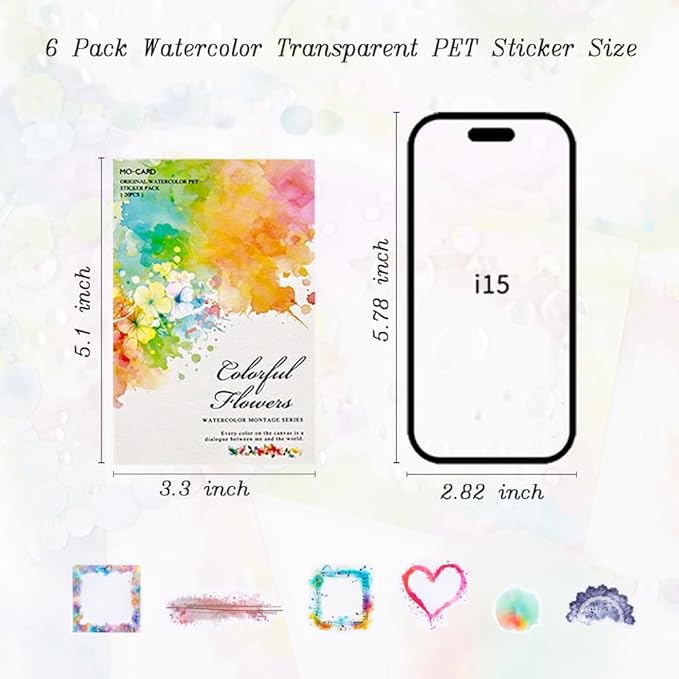 Dwpetzo 120Pcs Watercolor Decorative Stickers for Journaling, 6 Pack Flower Lace Frame Transparent PET Stickers for Scrapbooking, Junk Journal Supplies, Collage, Card Making, Crafts Arts