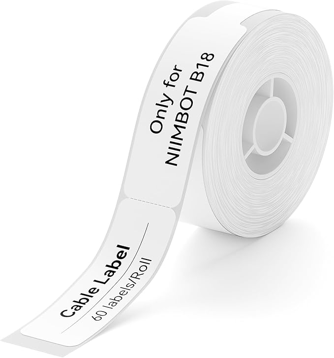 NIIMBOT B18/N1 Thermal Transfer Cable Labels 0.49" x 4.29" (12.5x109mm), Only for B18/N1 Label Maker, PET Material, Waterproof and High-Temperature Resistance, Long Storage Time,White