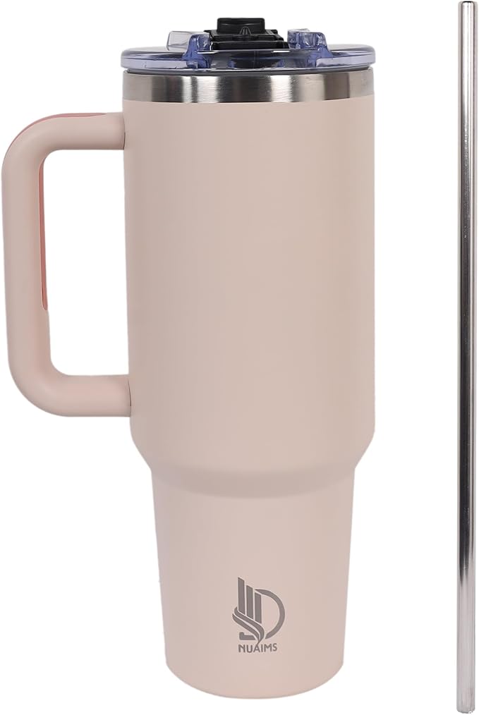 40oz Insulated Tumbler with Handle, Leakproof Straw Lid & Carry Handle - Double Wall Vacuum Insulation Keeps Ice 24 Hours, BPA Free Stainless Steel Water Bottle (Seashell)