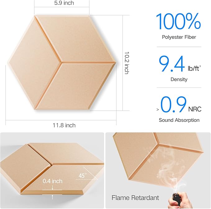 12 Pack Self-Adhesive Acoustic Panels 12" X 10" X 0.4" - Sound Proof Foam Panels with High Density, Y-Lined Design, Flame Resistant, Absorb Noise and Eliminate Echoes(Light Apricot)
