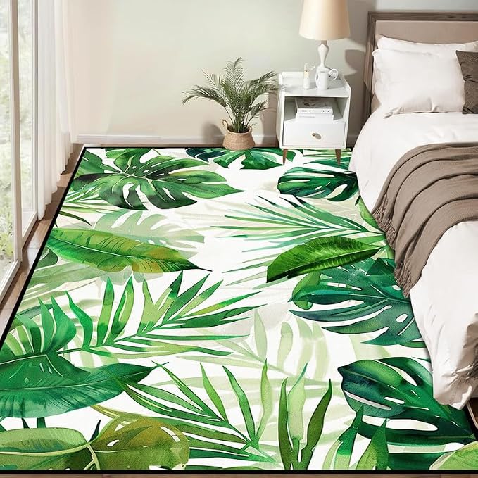 3'x5' Tropical Palm Leaf Rug Monstera Banana Leaves Floor Mat for Entryway Bedroom Living Room Nursery Playroom Home Decor Washable Low Pile Green Botanical Area Rug