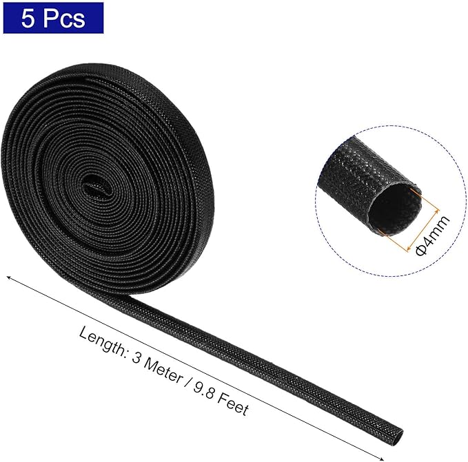 MECCANIXITY 5Pcs Wire Insulation Braid Fire Sleeve,9.8Ft-4mm ID Black, High Temp Silicone Coated Fiberglass Sleeving for Automotive Hose Lines Electrical Wiring