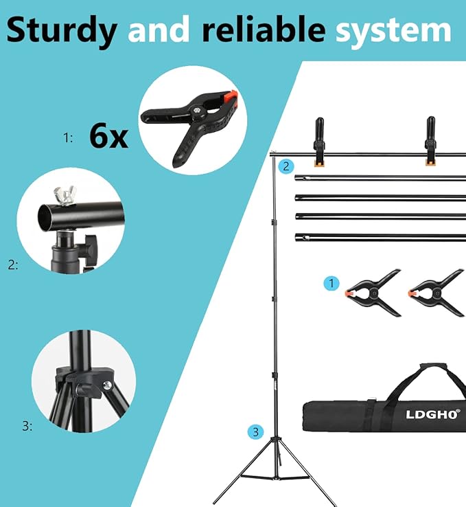 Backdrop Stand 10x7ft(WxH) Photo Studio Adjustable Background Stand Support kit with 2 Crossbars, 6 Clamps, 2 Sandbags and Carry Bag for Parties, Events Decoration, Wedding, Photography (Black)