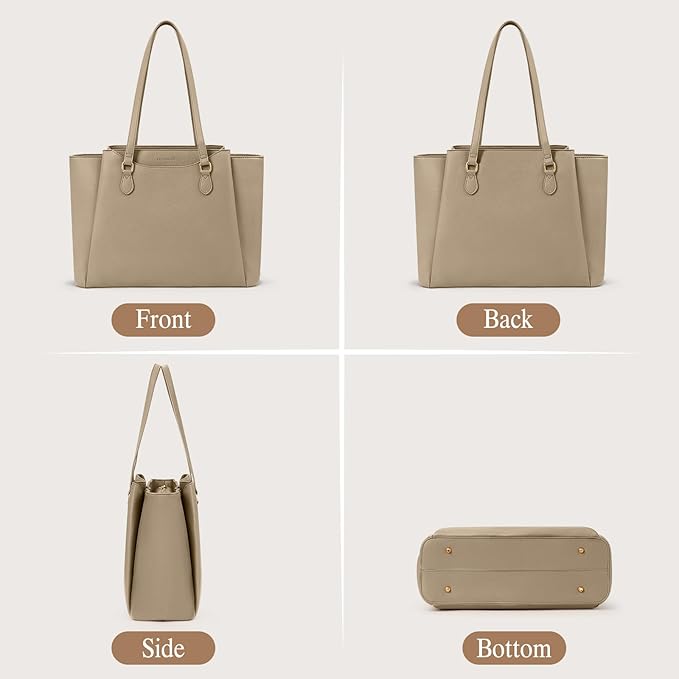 RAINSMORE Laptop Bag for Women 15.6 Inch Work Tote Bags Waterproof Computer Bags Leather Professional Laptop Purse Womens Laptop Briefcase Large Handbag for Office Teacher Travel, Beige