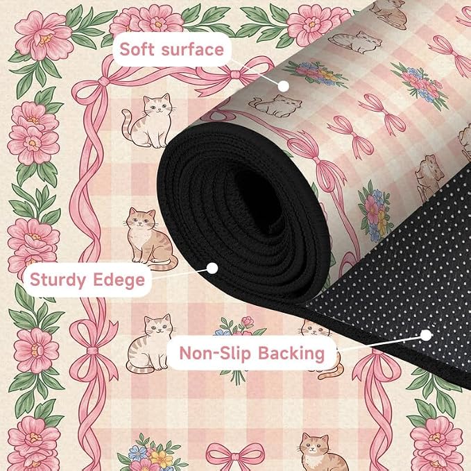 4'x6' Cat Floral Area Rug Pink Bow Flower Carpet Washable Rug Cute Cartoon Boho Floor Mat for Bedroom Living Room Nursery Playroom Classroom Home Decor