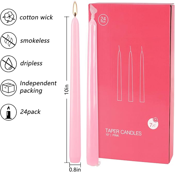 10 Inch Pink Taper Candles Set of 24, Dripless and Unscented Candle Sticks for Dinner, Shabbat, Halloween, Christmas, Wedding, 8 Hours