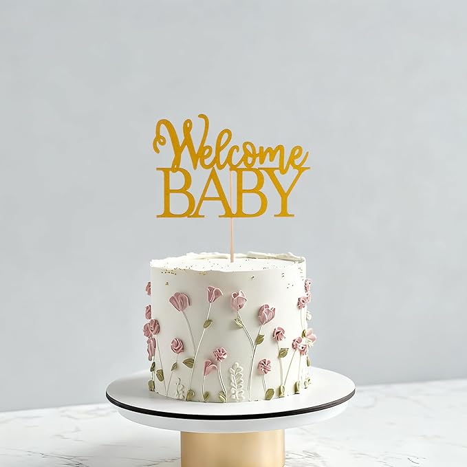 Gold Welcome Baby Cake Topper - Golden Glitter Baby Shower Cake Topper, Gender Reveal Celebration Party Cake Decoration
