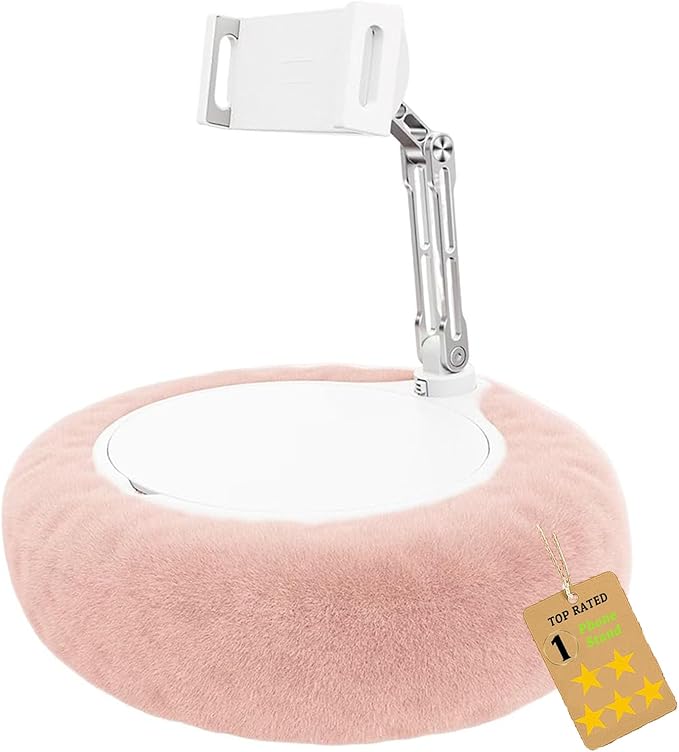 Fuzzy Pillow Phone Holder with Snack Bowl, Adjustable 360° Rotating Magnetic Stand for Phone/Tablet/Kindle iPad, Soft Plush Fabric, Detachable Snack Bowl for Reading for Bed (Pink)