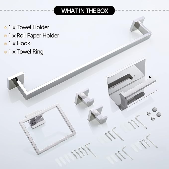Bathroom Towel Bar Set Toilet Paper Holder with Shelf, Polished Chrome Bathroom Accessories Set, 23.6 Inch Towel Bar Towel Ring Towel Hook 5-Piece Bathroom Hardware Set