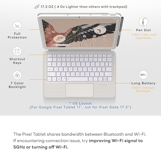 EIP Magnetix Keyboard Case for Google Pixel Tablet 11 inch (2023), Adjustable Viewing Angle, Detachable, Easy Carry, Protective Cover Compatible with Speaker Dock, 7 Backlight Color, White, US Layout
