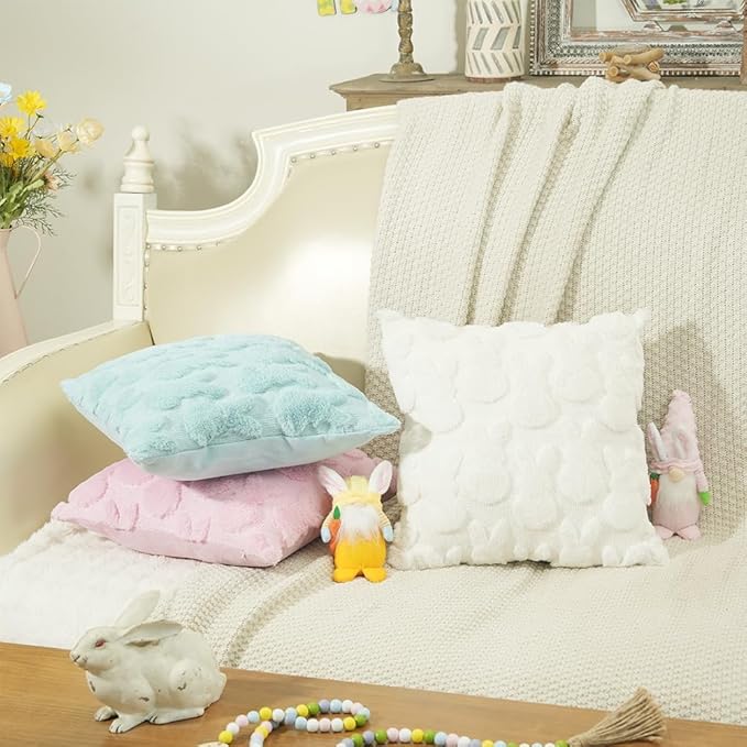 GEEORY Easter Bunny Soft Plush Pillow Covers, 16 x 16 Inch Set of 2, Fluffy Faux Fur Wool Decorative Farmhouse Cushion Case for Sofa Home Decoration Blue GC014-16