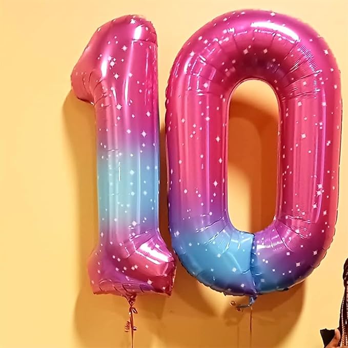 Gradient Rainbow 4 Balloons, 40 Inch Large Blue Pink Purple Foil Number Balloons Set 0-9, Self Inflating Starry Digital 4 Helium Balloon for Girls Women Birthday Anniversary Party Decorations Supplies