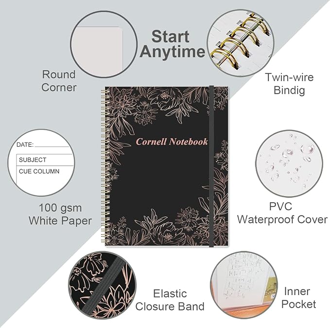 Yaridar A4 Cornell Notes Notebook - 8.5" x 11" College Spiral Cornell Notebooks for Note Taking, Subject College Ruled Steno Pads for Office School/Home, Black Flower