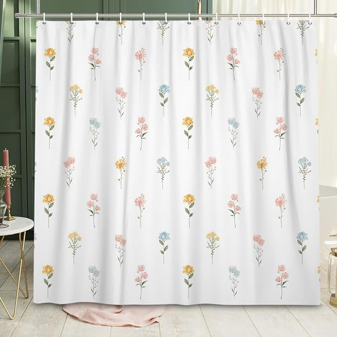 Floral Shower Curtain, Wildflower Botanical Plant Leaves Cute Flower Spring Herbs Elegant Waterproof Fabric Machine Washable for Bathroom Bathtub Decor with Hooks 60Wx72H