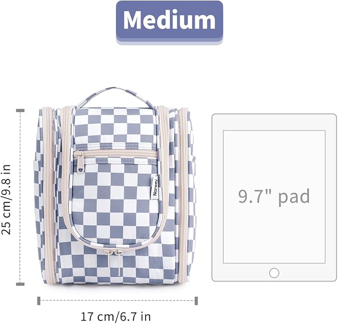 Narwey Small Checkered Hanging Travel Toiletry Bag for Women, Travel Bag for Toiletries, Makeup Bag Organizer Cosmetic Bags Make Up Bags for Women (Grayish Blue Checkerboard)