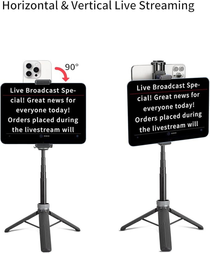Large Screen Teleprompter Holder for Tablet/Phone with Extendable Tripod, Dual-Clamp Design with Interchangeable 3 Sizes of Clamps. Perfect for Live Streaming/Recording/Video Conference