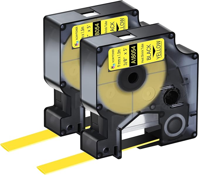 2 Pack Compatible for DYMO Rhino Label Makers 18054 Black on Yellow 3/8" 9mm Printable Heat Shrink Tubing Label Tape for Rhino 1000 3000 4200 5000 5200 6000 LabelManager 450 Duo LabelWriter