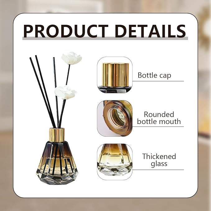 2Pcs 60ml/2oz Empty Refillable Amber Diamond Shape Glass Diffuser Bottle with Gold Lid Essential Incense Oil Diffuser Jars Fragrance Scent Diffuser for Home Office Shelf Decor (Exclude Sticks)