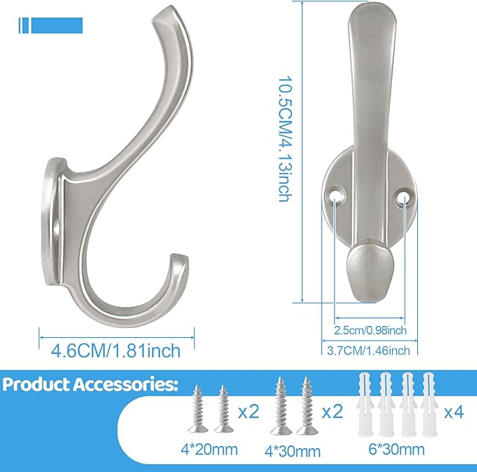 6 Pack Coat Hooks Wall Mount Heavy Duty Utility Retro Double Hooks for Hanging Coats,Hat, Towel, Key, Robe, Scarf, Bag, Cap (Silver)