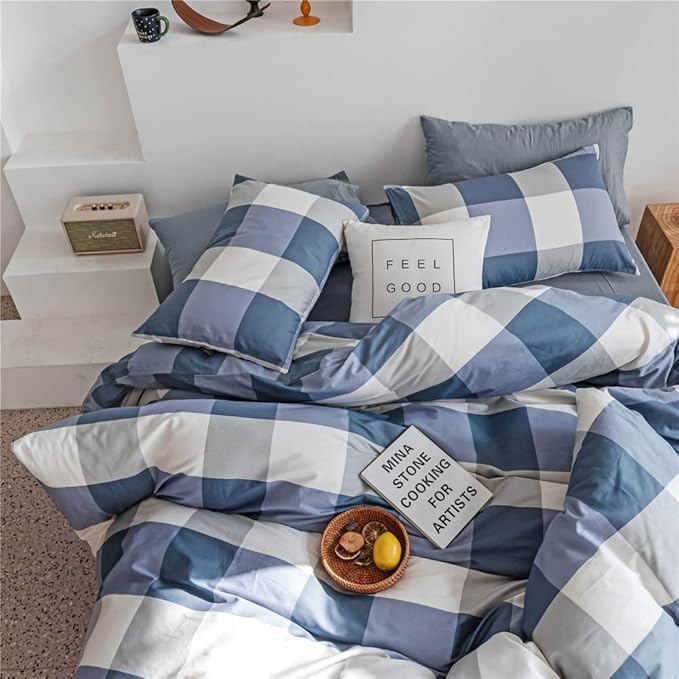 Queen Comforter Set Modern Style Checkered Pattern Comforter Boho Farmhouse Blue White Grey Geometric Plaid Comforter with 2 Pillowcases Soft Fluffy 3 Pieces Lightweight Bedding Set for All Season